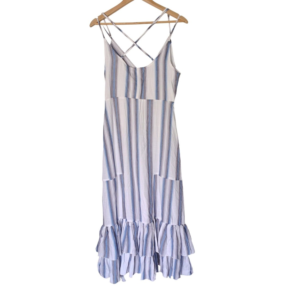 Vacate The Label Dress Standby Midi Panama Stripe Tiered Vneck White Blue M New - Picture 2 of 11